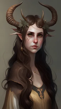 human girl, brown hair, hairstyle horns shaped, Her eyes are brown, she wears fantasy medieval clothes, she is slim, full body