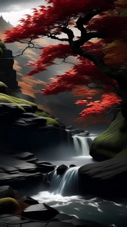 Bonsai Japanese maple red leaves growing out the side of cliff dramatic dark background deep valley below water Fall in the distance
