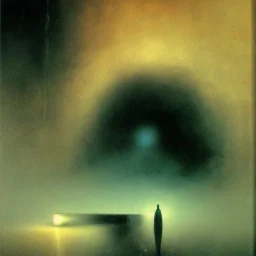 photographic camera in abstract style. fog and smoke in atmosphere. bokeh, lens flare. Dark mood. Dripping paint. oil on canvas, high detailed. beksinski