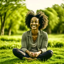 "A person smiles and feels contentment and serenity while practicing meditation in nature. They may be sitting on the grass or by a tranquil lake, placing their hands on their knees, and blissfully closing their eyes."\