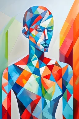 Create a handpainted geometric canvas painting which explores abstract representations of the human form with geometric shapes.