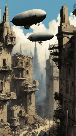 A small futuristic city in the ruins of an old building, blue sky, in the style of Gerald Brom and John Berkey, a large blimp floats above buildings, a house is made from concrete blocks, there is graffiti on walls, several tall towers with white spires tower over the scene. --ar 91:128 --v 6. 0