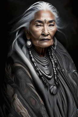 a photo of an Aztec woman with ethnic jewelry, grey hair and grey flowing robe, in style of Annie Leibovitz, contemporary portrait of a mature yet beautiful and modernist woman, black and grey, detailed feminine face, swirling fluid smokey enigma, award-winning artwork