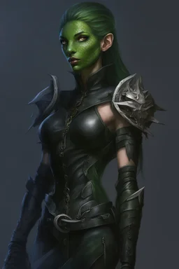 female snake humanoid, green scales, wearing a black leather armor, dungeons and dragons