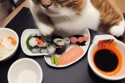 A cat wearing clothes is sitting at a table eating sushi. Manga style. Perfect iris. Paws. Mug with cat face