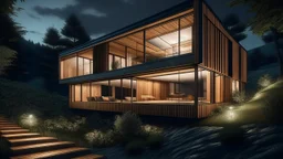 A modern, minimalist house with a wooden exterior and large windows overlooking a natural landscape at night