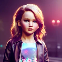 Jennifer lawrence toddler, full body, leather jacket, floral shirt, floral skirt, Nike sneaker, soft skin, city background, dramatic lighting, hyper realistic