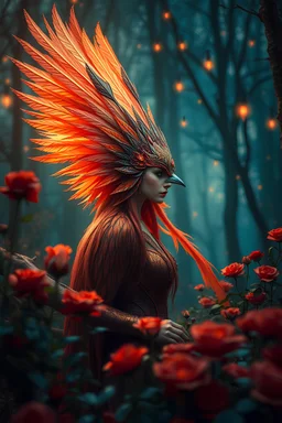 magical bird woman hybrid creature with feather headpiece in red orange rose forest, trees, flowers, fairy lights, night, 8k, high quality, trending art, trending on artstation, sharp focus, studio photo, intricate details, highly detailed, by greg rutkowski