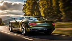 A sleek rear view of (((a cross of bentley and Hypercar))), on street, with hill and trees around, a beautiful clouds and sunny weather