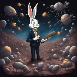 dark colours bugs bunny being a composer and is surrounded by swarm wasp swine pigpen pigsty on an diffrent planet cosmos lovecraft