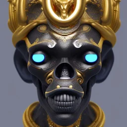 black male African Egyptian alien, cracks in the voodoo head, wicked, eyes, crown, Elephant, 8k, finely detailed, photo realistic, tiger turquoise skull head gold dragon space alien snow skeleton gold gorilla silver crown silver eyes