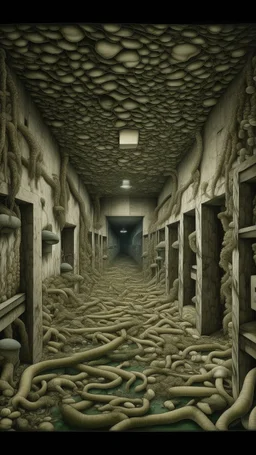 A grayish green fungus infested warehouse painted by MC Escher