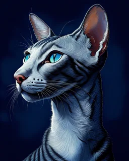 Oriental shorthair blue and white mackerl tabby cat hyperdetailed, In the art style of Jean-Antoine Watteau, Nicholas Roerich, Studio Light.