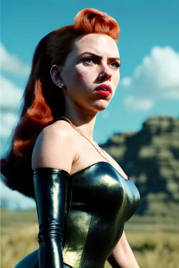 retro portrait image from 1960, sky background, wind, long red hair, fighting stance, sweet young Scarlett Johansson, black dress, classic tight lycra black suit, weapon, gold bracelet and belt, high heel boots, soft color, highly detailed, unreal engine 5, ray tracing, RTX, lumen lighting, ultra detail, volumetric lighting, 3d, finely drawn, high definition, high resolution.