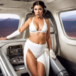 Beautiful Princess Leia wearing a white_bikini with white socks and no shoes driving an airplane escaping in an airplane from Jabba the Hutt