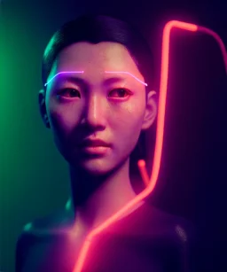 Ultra realistic photographic night portrait, cinematic, <Asian woman> many wires coming out of the head <perfect pupil><glow eye> <garage> <wide angle><x rays machine>, hot, retro futuristic dress <Helmut newton photo style>, neon lights, color fog, soft color, highly detailed, unreal engine 5, ray tracing, RTX, lumen lighting, ultra detail, volumetric lighting, high definition.