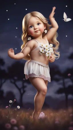 cartonish child babay,standing in country side with flowers,trees.