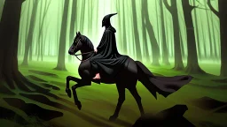 Dark robed wizard on a horse in the forest