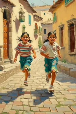 2 maxican childeren running traditional clothes painting neoclassism in a traditional mexican city