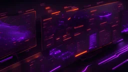 a bunch of full hd extremely realistic technological landscape view such as movies and video games showing a detailed and zoomed view of coding for data analytics, trending on mentalray, intricate dark background, displaying charts and technological advancements, interconnected, tones of dark orange and dark purple