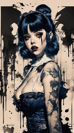 Poster in two gradually, a one side malevolent goth vampire girl face and other side the Singer Melanie Martinez face, full body, painting by Yoji Shinkawa, darkblue and sepia tones,