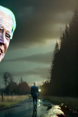 realistic image, joe biden zombie, night, walking twisted, waist up view, 80s, dark ambient, highly detailed, sky background, concept art, unreal engine 5, god rays, ray tracing, RTX, lumen lighting, ultra detail, volumetric lighting, 3d, finely drawn, high definition, high resolution.