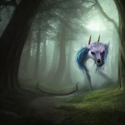 fantasy art, Photorealistic, 8k, Demon, unicorn, forest