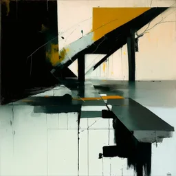 A desolate concrete road with steps to a bridge. In the style of Justin Mortimer and Phil Hale. Minimalist contemporary painting with rough brushstrokes.