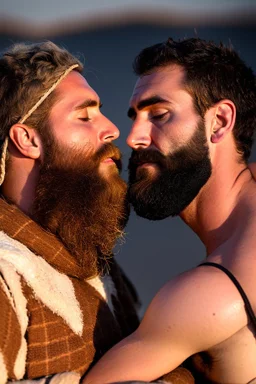 close up photography of two men ugly liying down sleeping in the night inside a camping tent, bearded ugly burly 30-year-old rough beefy bullneck arab tourist guides wearing traditional clothes, bulge, manly chest, photorealistic, midnight, lit by bonfire, ambient occlusion, top view, in the desert