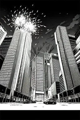 multiple explosions, buildings of Tokyo greyscale