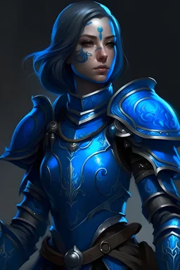 blue skinned cleric woman in dark blue armor