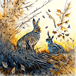 Watercolor and fine ink: Rabbit and Crow in late Autumn / morning Sun rising , tall dry grasses and fallen leaves, barren limbs on tmaple trees Modifiers: highly detailed sharp focus intricate oil on canvas 4k award winning fantastic view crisp quality hdr acrylic art