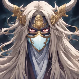 a portrait of an anime deity facing on the right side with long hair and eyes covered with a mask