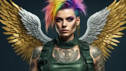 beautiful Punk woman Angel 35 years old, military clothing, mystical, bright colors, creative hairstyle, tattoo, piercing, photorealistic image, military, camouflage clothing, gold, fine rendering, high detail, 8K