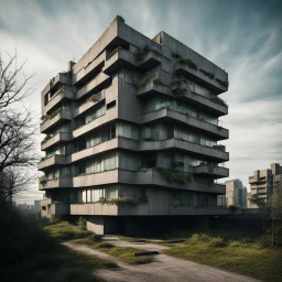 Brutalist flat in the outskirts of a big city, schizophrenic, paranoic, strong texture, Max Ernst style, hypermaximalist