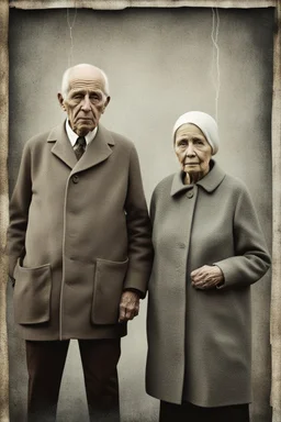 an old couple faces vintage photo with glich technique, grey-brown, defects, graininess, white noise, lines, scratches, glitch art , cinematic