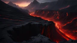 The Valley of the shadow of death. a rift in the cliffs full of burning lava. intensely hot. dark fantasy concept art, exquisite realism, a masterpiece, dynamic lighting, hyperdetailed, intricately detailed, deep color, Unreal Engine, volumetric lighting , Epic cinematic brilliant stunning intricate meticulously detailed dramatic atmospheric maximal,