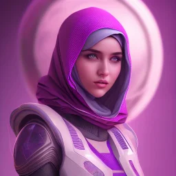 Cute girl face in hijab, Sci-fi character, purple backlight, pink and purple, scifi suit, profile, purple background, pink lighting