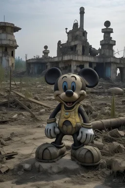 far in the future, a gigantic stature of a micky mouse sits among ruins of buildings. time has weathered the landscape for thousands of years. a small makeshift camp with people can be seen contrasting the massive statue.