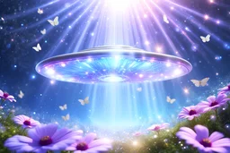 A beautiful photo realistic shiny flying saucer, of light floating in the sky, crystals water, diamonds, glitter smalls white butterflies and littles stars, white and glitter, cosmos, 4k, ultra details, real image with intricated details, unreal engine 4