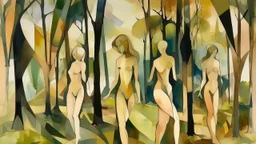 Tema: Desnudo integrado en la naturaleza a través de planos geométricos → Disciplina: Acuarela y fotografía de paisaje → Estética: Postimpresionismo constructivo y primitivo → Lenguaje visual: Planos de color y pinceladas en paralelo que construyen volumen sin línea → Composición: Grupo de figuras desnudas en una arboleda, fusionadas con el paisaje mediante formas cilíndricas, con una figura principal en primer plano → Iluminación: Luz de mediodía, clara y uniforme, que aplana las formas ligeram