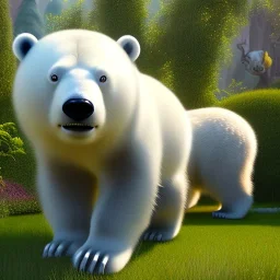 pixar style, volumetric summer garden environment and background, realistic painting of an polar bear, looking excited, volumetric lighting, dramatic lighting, detailed digital painting, extreme dense and fine fur, anime, ornate, colour-washed colors, elegant, small minutiae, tiny features, particulars, centered, smooth, sharp focus, renderman gofur render, 8k, uhd, detailed eyes, realistic shaded volumetric lighting, sunlight caustics, backlight, centered camera view