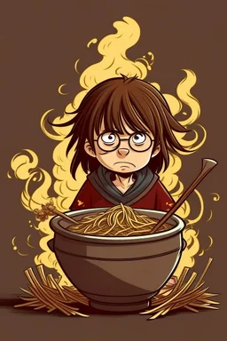 Angry Harry Potter with pot with chinese noodles on the head stay behind the Hermione Granger