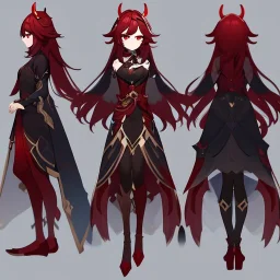 Clear focus,High resolution, Black long hair, Red eyes, Red horns, Wearing a Genshin Impact inspired outfit with black and red as the main color, Looking away from the viewer, Full body, Concept art