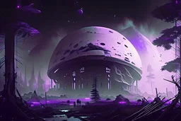 Futuristic Colony, White Building, Human Colony, Large Dome, Alien Planet, Corrupted Forest, Dense Purple Fog, Dead Soil, Black Night Sky, Stars, Space, Distant Planets