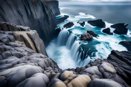 massive intimidating rock cliffs ascend all around. far below, the stormy ocean swirls intimidatingly. The ocean water falls off a waterfall down into unknown depths.