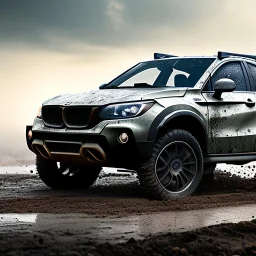 hyperrealistic shot, muddy military toy car, monotone color palette, sharp focus, shine, puddle reflection, tire water splash, refraction, mist on the horizon, shadowcast, detailed and intricate, cinematic composition, micro, tilt shift photography