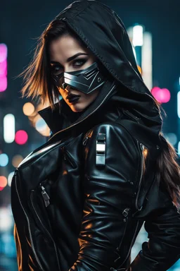 Half-cyborg female cyberpunk assassin wearing a metal mask, black jacket,walk in night city background