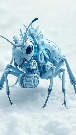 A dynamic showcasing the fusion of organic and Neumorphism elements, depicting a fully blue white ant mecha-larva. Its intricate mechanisms are driven by interlocking gears and complex mechanical teeth embedded throughout its massive frame. The larva's mane is ingeniously replaced with a rotating gear system, amplifying its cybernetic presence. With hyper-techno aesthetics, it prowls silently through the dense, mist-laden snow ice land