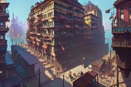 Elevated Train pass+train corner building+colorful genoa street+Italian medieval town+Italian city sea+alphonse mucha, greg rutkowski,matte painting, cryengine, hyper detailed, felix kelly, fantasy art, seb mckinnon